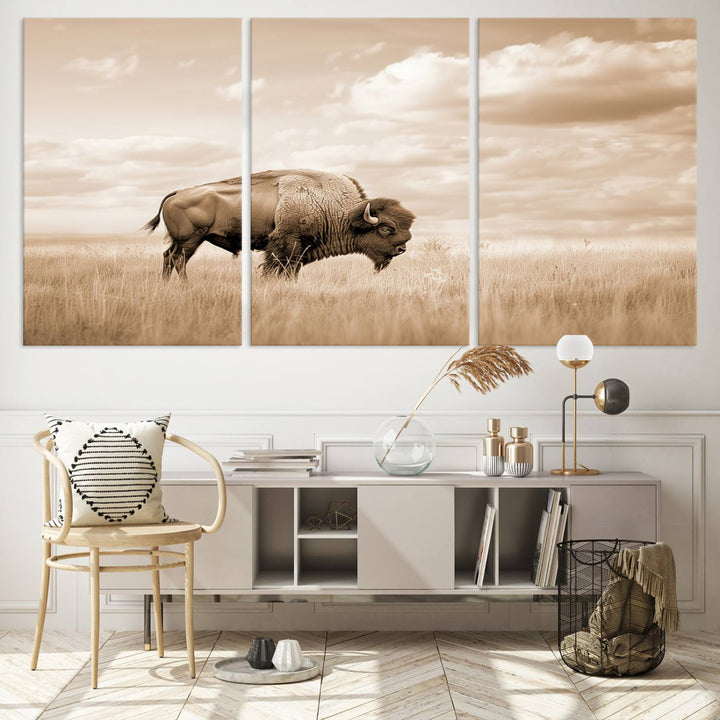 Sepia American Bison Wall Art Print for Farmhouse Wall Decor, Western Canvas Print