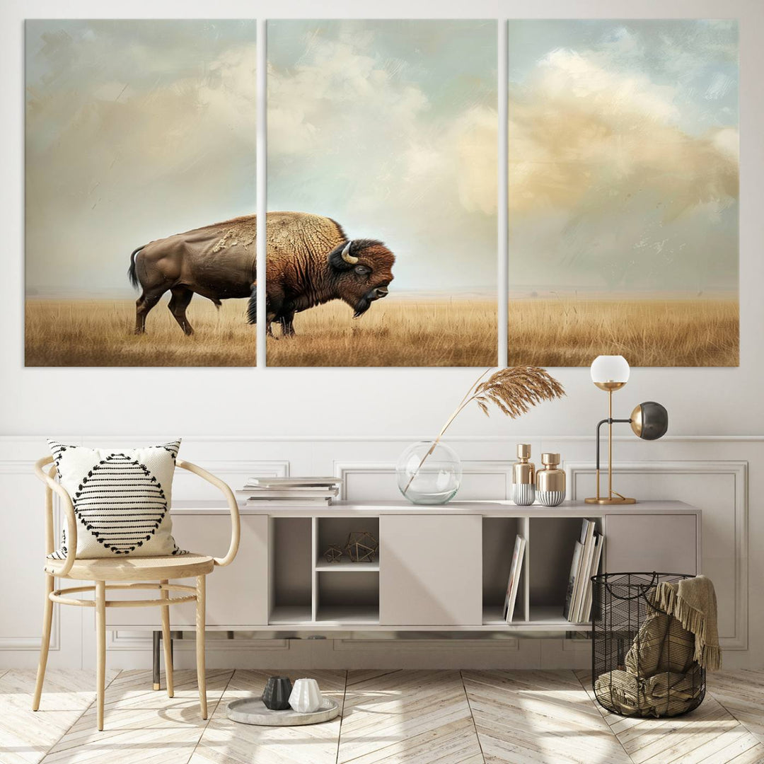 Sepia American Bison Wall Art Print for Farmhouse Wall Decor, Western Canvas Print