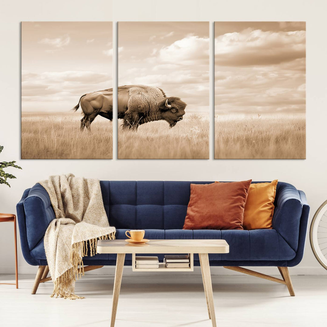 Sepia American Bison Wall Art Print for Farmhouse Wall Decor, Western Canvas Print