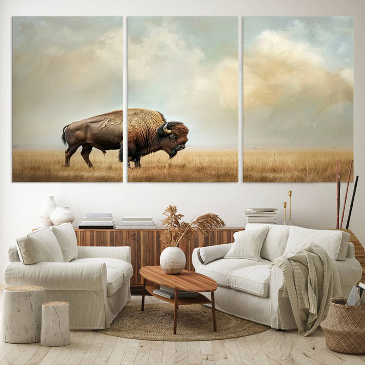 Sepia American Bison Wall Art Print for Farmhouse Wall Decor, Western Canvas Print