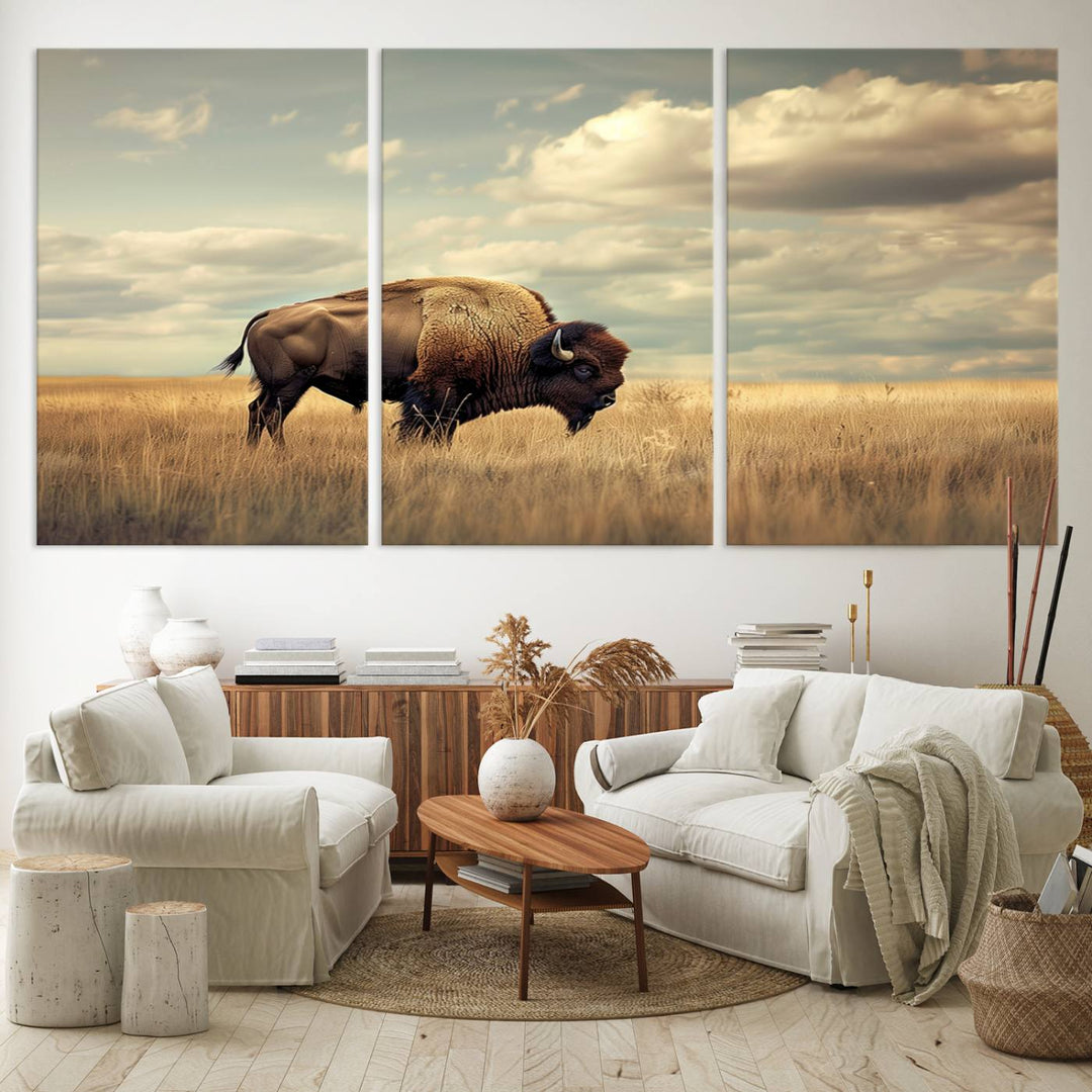 Sepia American Bison Wall Art Print for Farmhouse Wall Decor, Western Canvas Print