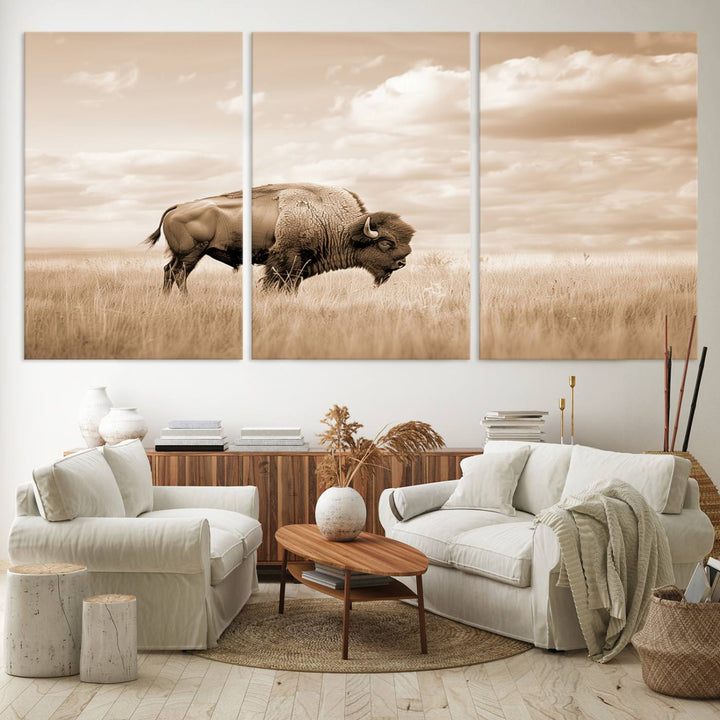 Sepia American Bison Wall Art Print for Farmhouse Wall Decor, Western Canvas Print