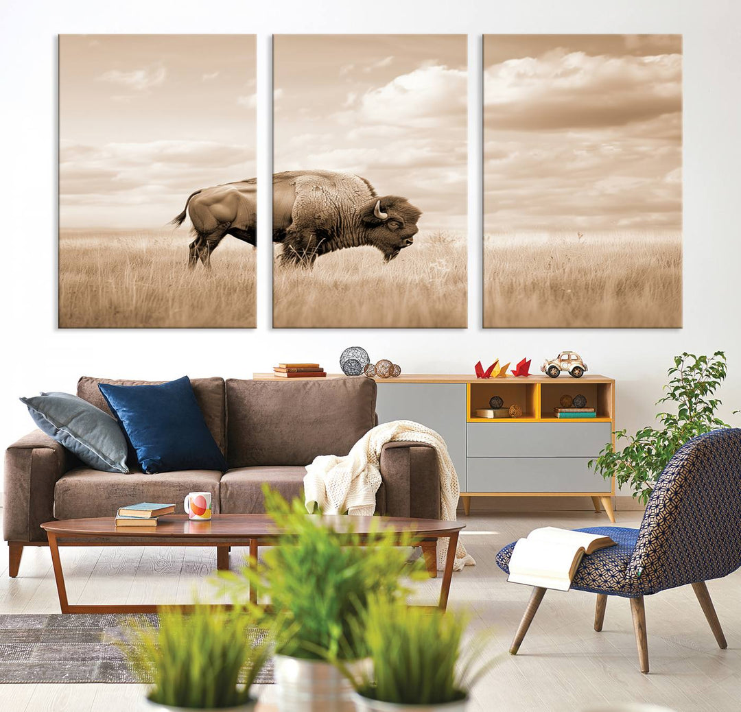 Sepia American Bison Wall Art Print for Farmhouse Wall Decor, Western Canvas Print