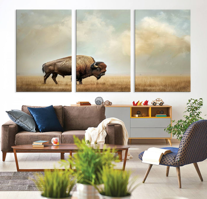 Sepia American Bison Wall Art Print for Farmhouse Wall Decor, Western Canvas Print