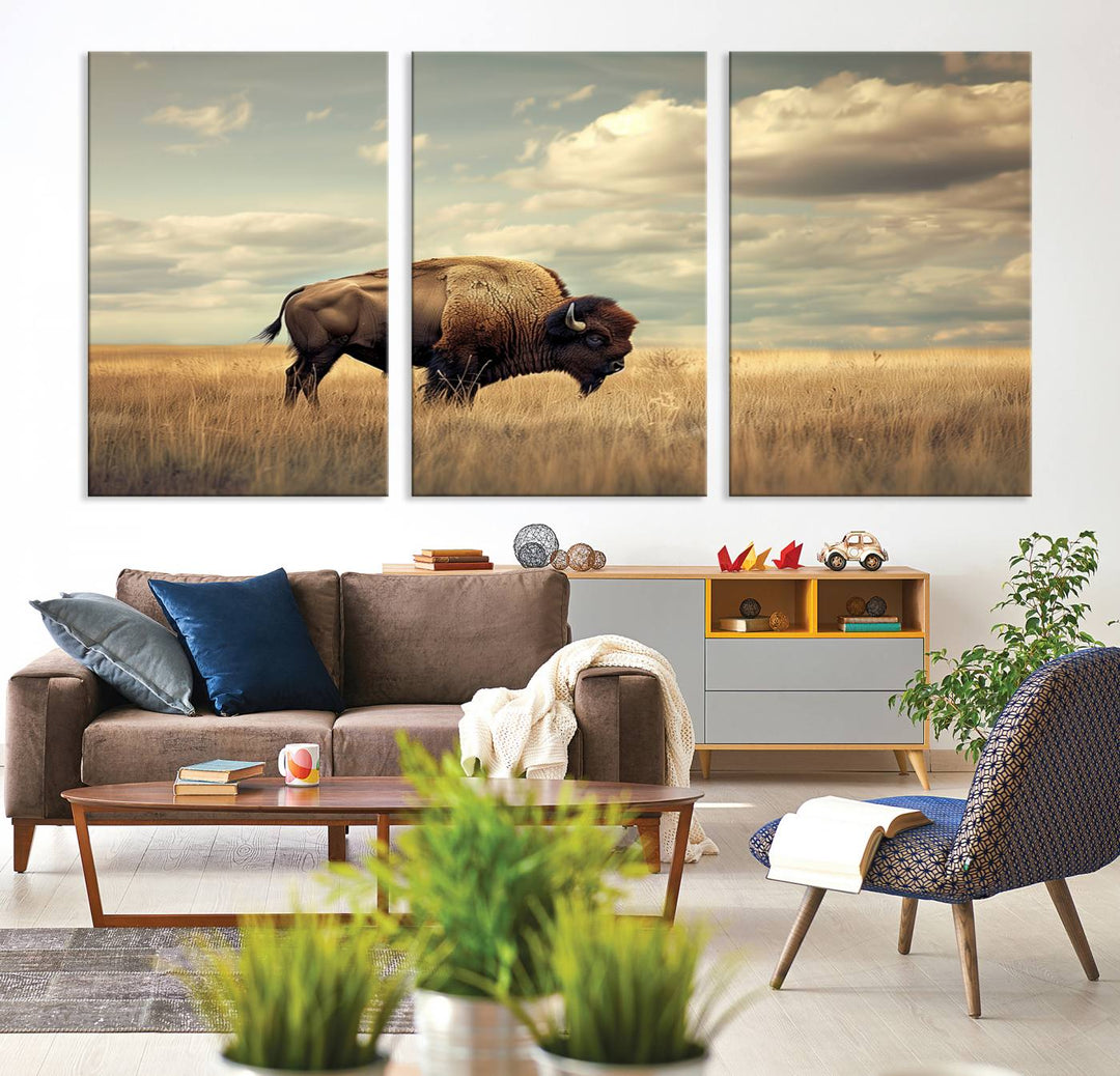 Sepia American Bison Wall Art Print for Farmhouse Wall Decor, Western Canvas Print