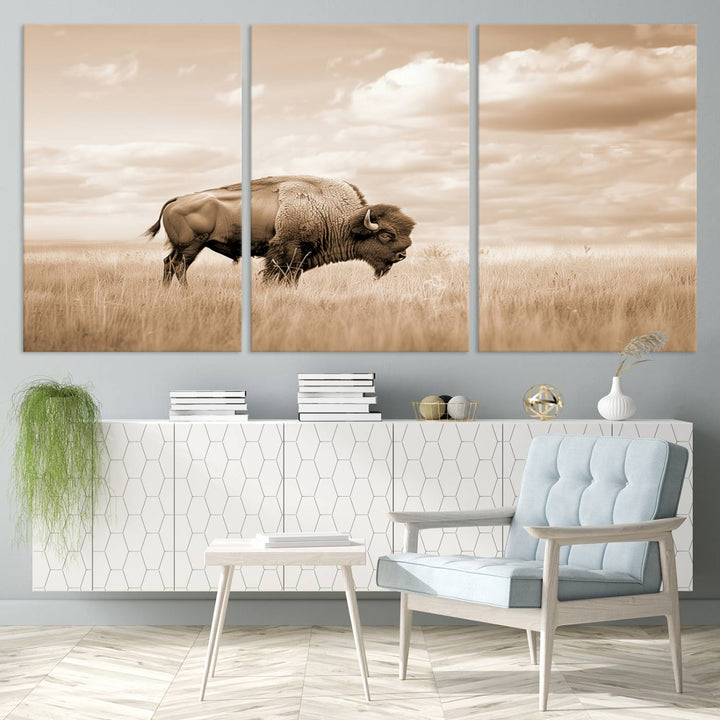 Sepia American Bison Wall Art Print for Farmhouse Wall Decor, Western Canvas Print