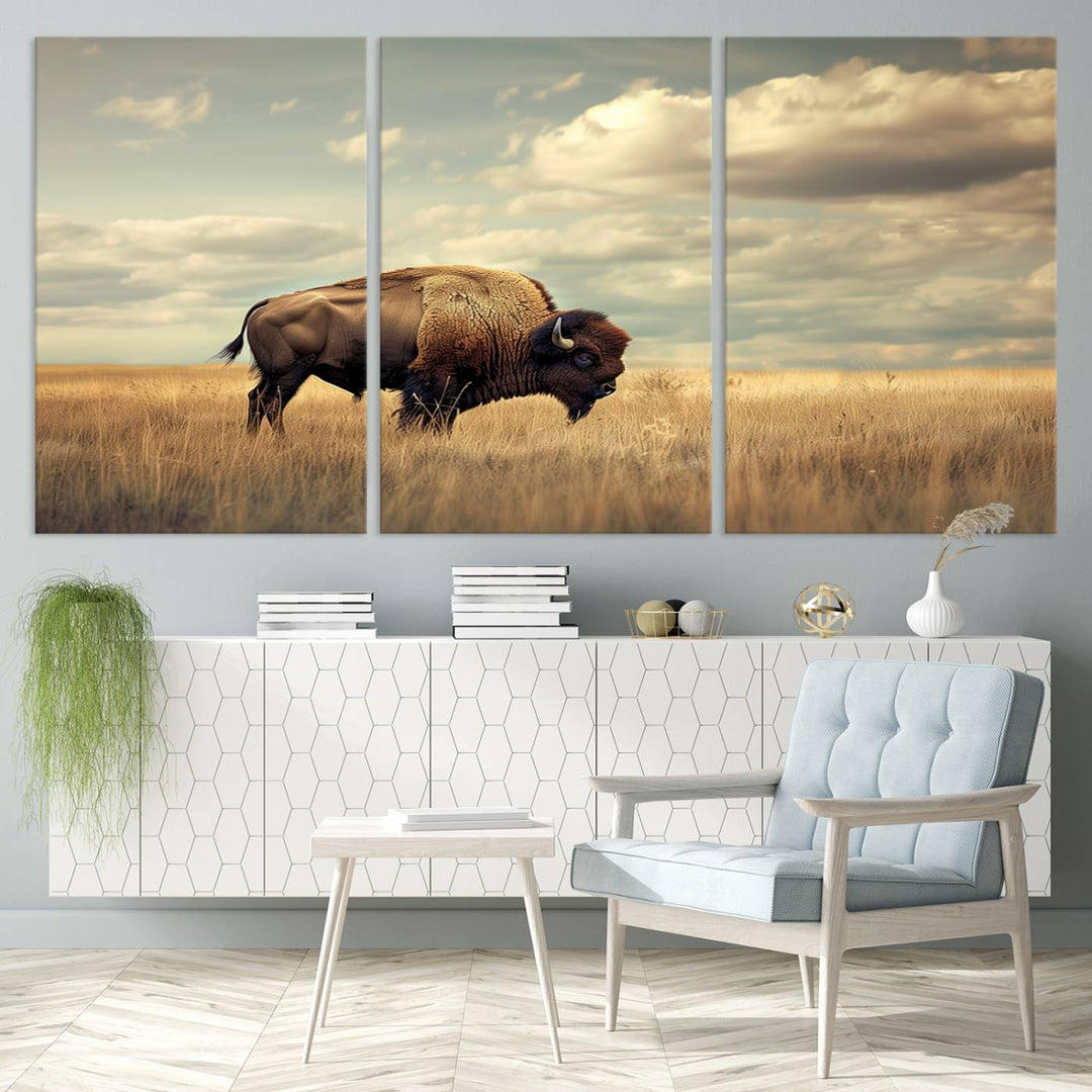 Sepia American Bison Wall Art Print for Farmhouse Wall Decor, Western Canvas Print