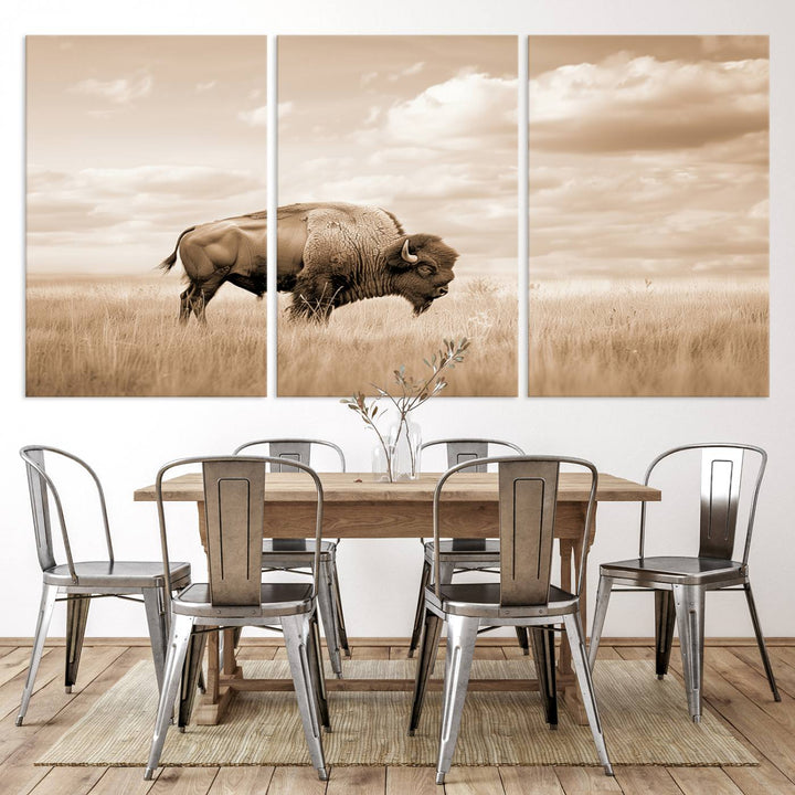 Sepia American Bison Wall Art Print for Farmhouse Wall Decor, Western Canvas Print