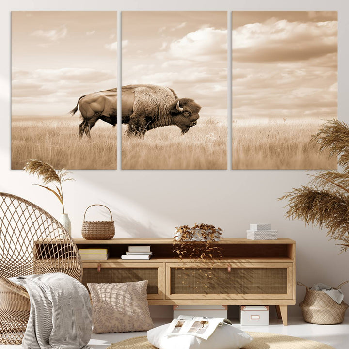 Sepia American Bison Wall Art Print for Farmhouse Wall Decor, Western Canvas Print