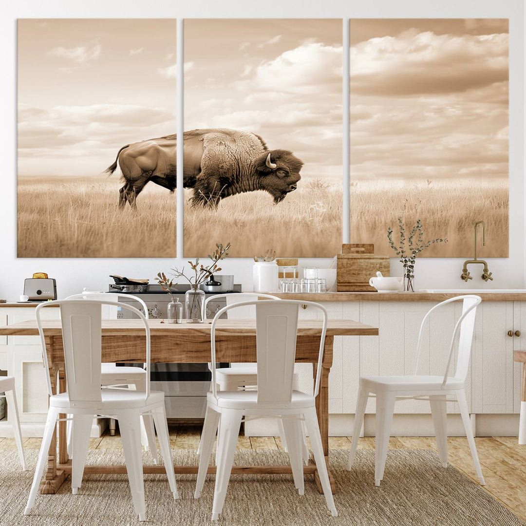 Sepia American Bison Wall Art Print for Farmhouse Wall Decor, Western Canvas Print