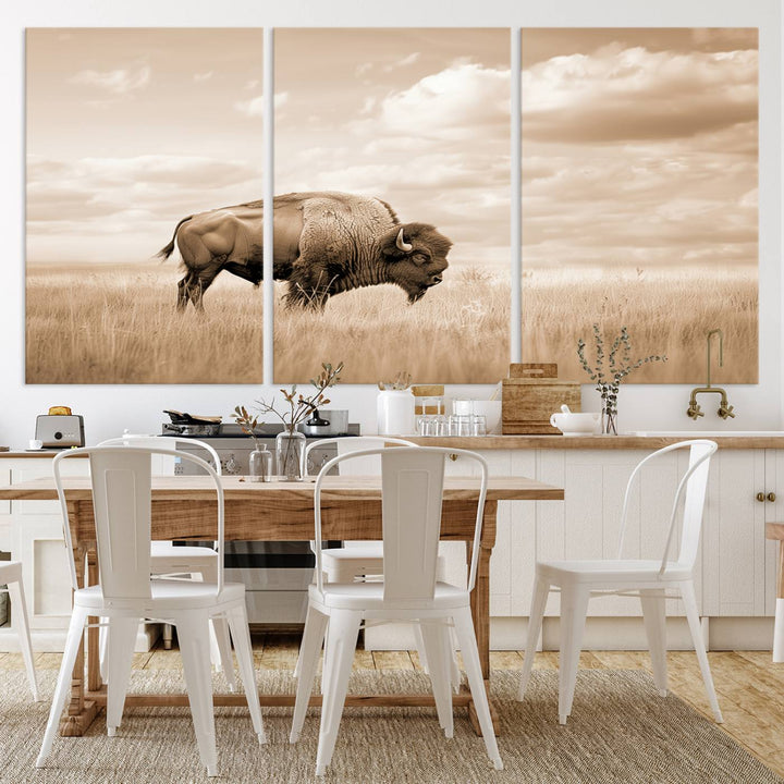 Sepia American Bison Wall Art Print for Farmhouse Wall Decor, Western Canvas Print