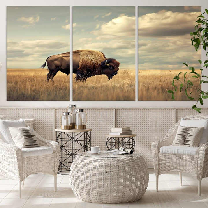 Sepia American Bison Wall Art Print for Farmhouse Wall Decor, Western Canvas Print