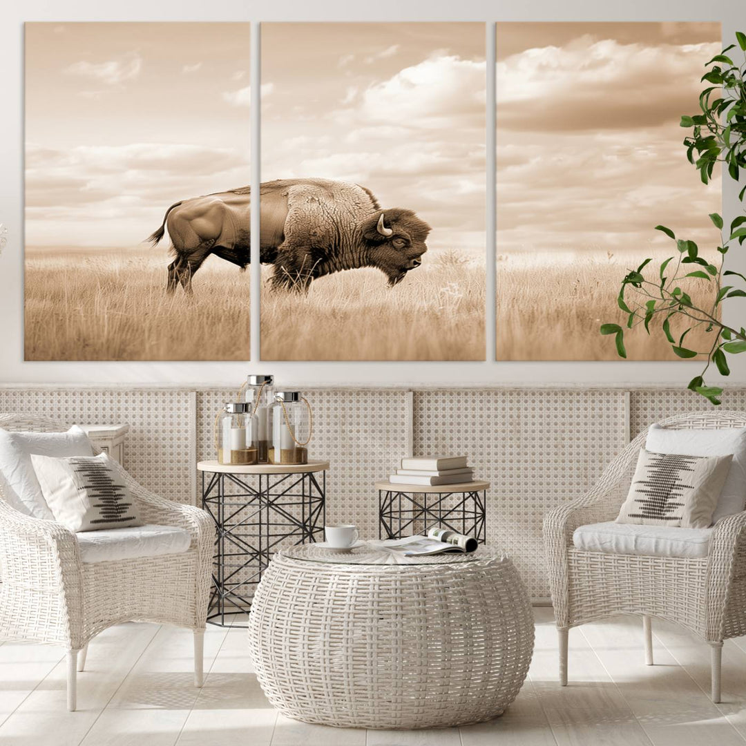 Sepia American Bison Wall Art Print for Farmhouse Wall Decor, Western Canvas Print