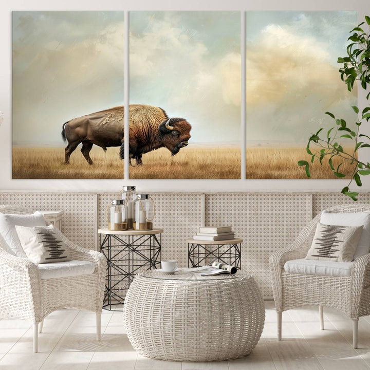 Sepia American Bison Wall Art Print for Farmhouse Wall Decor, Western Canvas Print