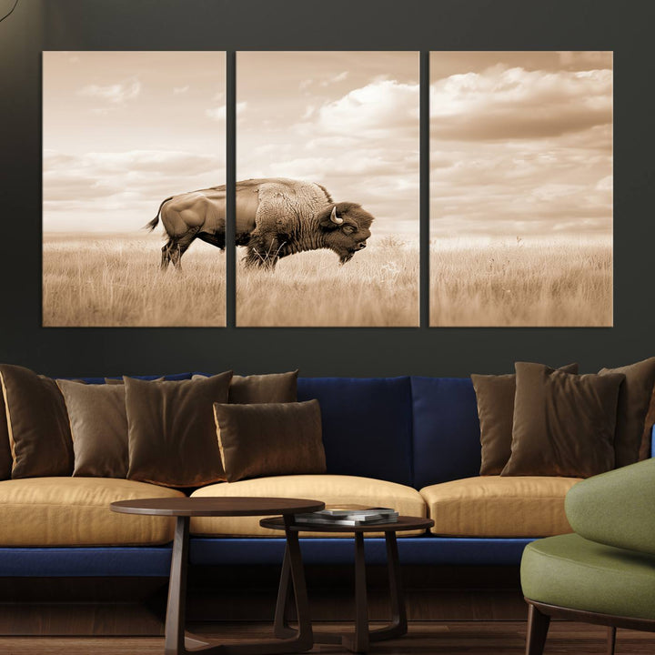 Sepia American Bison Wall Art Print for Farmhouse Wall Decor, Western Canvas Print