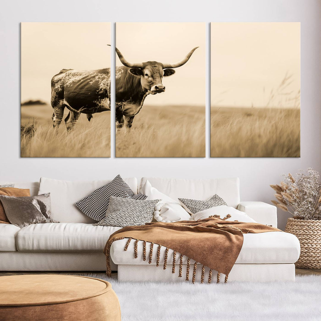 Sepia American Bison Wall Art Print for Farmhouse Wall Decor, Western Canvas Print