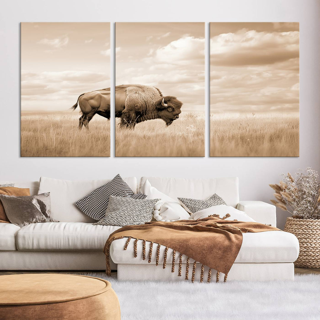 Sepia American Bison Wall Art Print for Farmhouse Wall Decor, Western Canvas Print