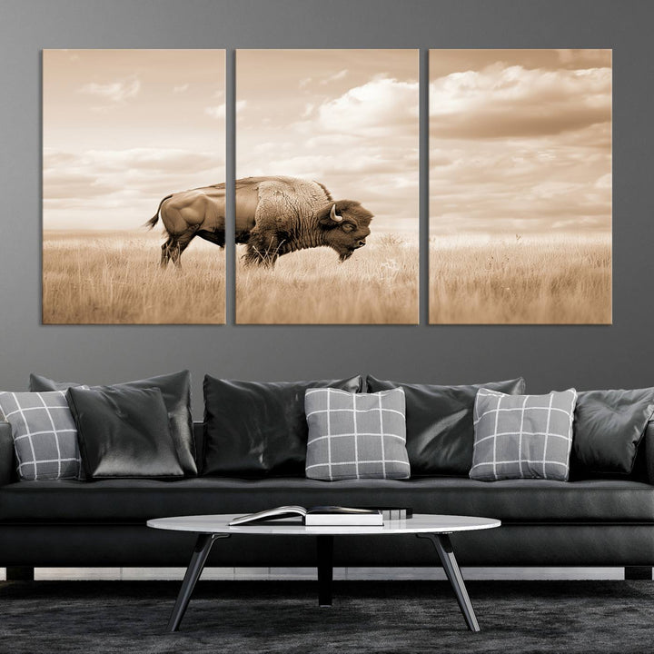 Sepia American Bison Wall Art Print for Farmhouse Wall Decor, Western Canvas Print