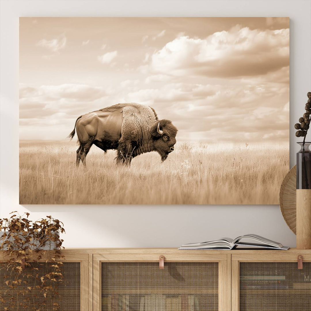 Sepia American Bison Wall Art Print for Farmhouse Wall Decor, Western Canvas Print