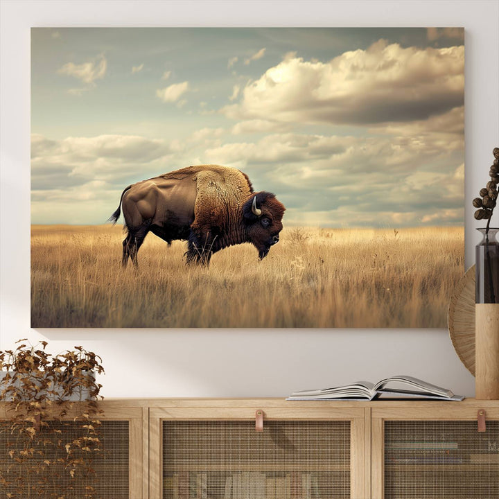 Sepia American Bison Wall Art Print for Farmhouse Wall Decor, Western Canvas Print