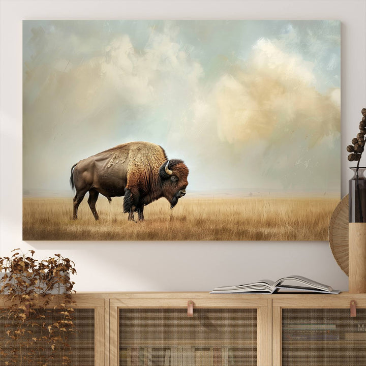 Sepia American Bison Wall Art Print for Farmhouse Wall Decor, Western Canvas Print