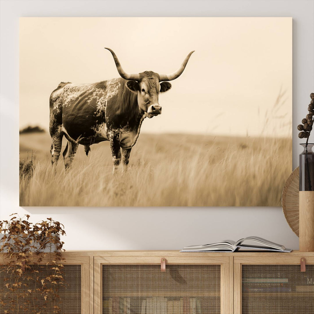 Sepia American Bison Wall Art Print for Farmhouse Wall Decor, Western Canvas Print