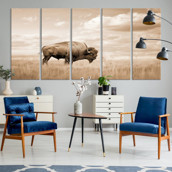 Sepia American Bison Wall Art Print for Farmhouse Wall Decor, Western Canvas Print