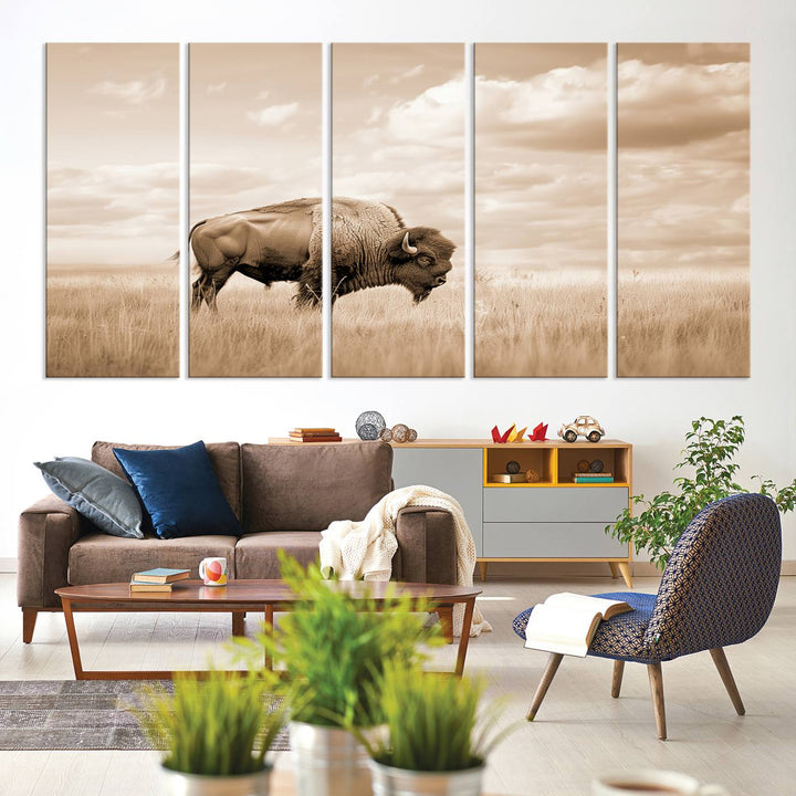 Sepia American Bison Wall Art Print for Farmhouse Wall Decor, Western Canvas Print