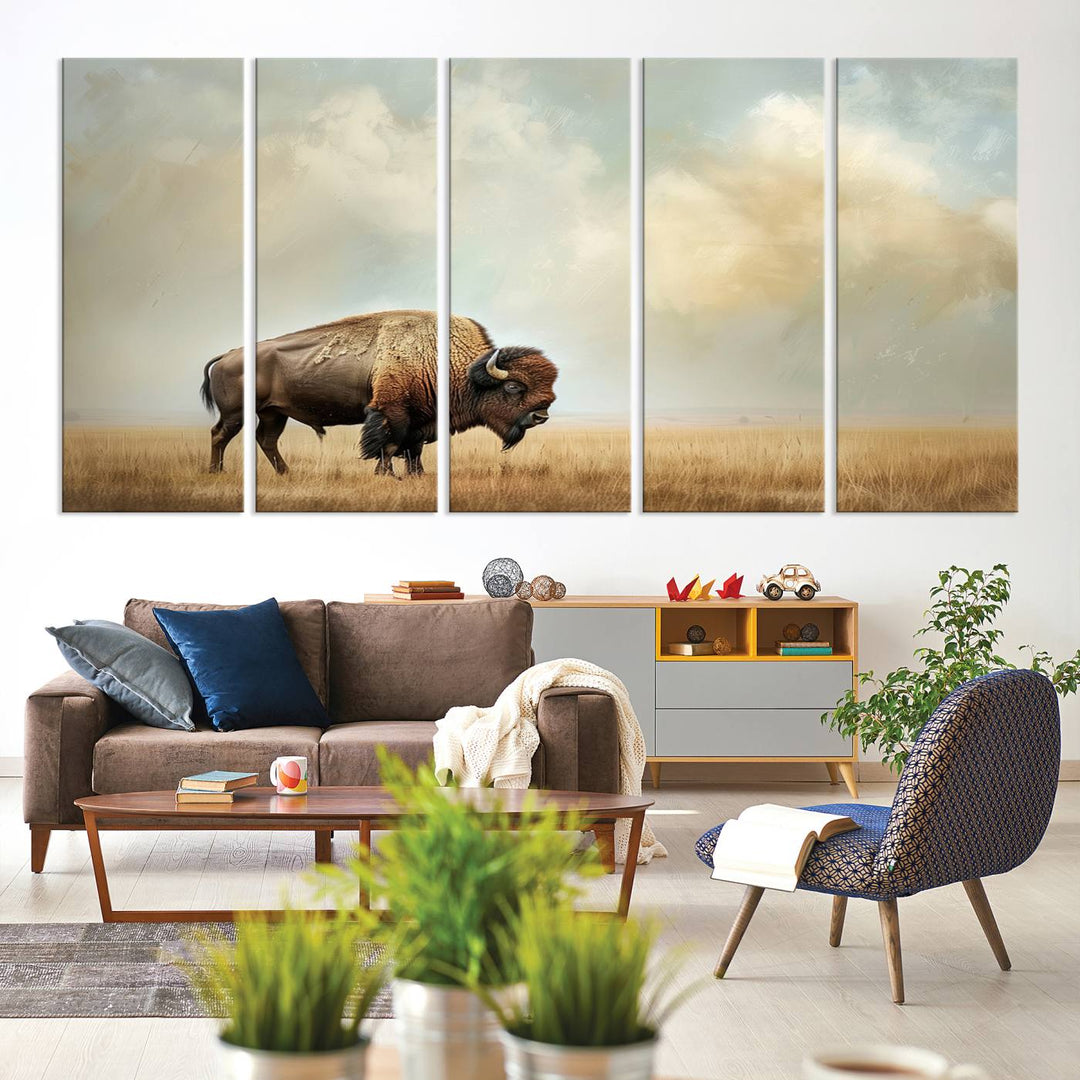 Sepia American Bison Wall Art Print for Farmhouse Wall Decor, Western Canvas Print