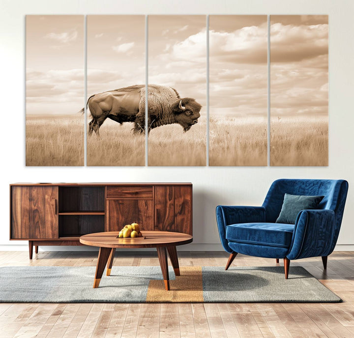 Sepia American Bison Wall Art Print for Farmhouse Wall Decor, Western Canvas Print