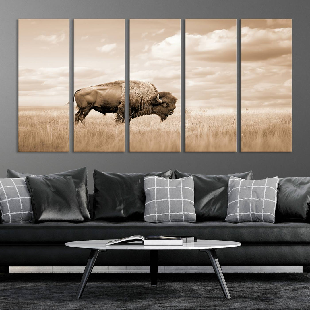 Sepia American Bison Wall Art Print for Farmhouse Wall Decor, Western Canvas Print