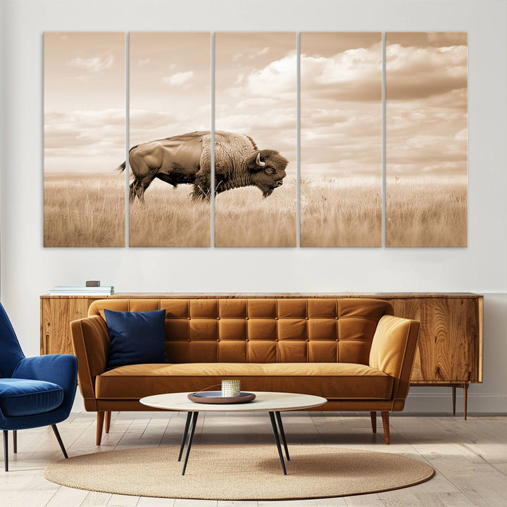 Sepia American Bison Wall Art Print for Farmhouse Wall Decor, Western Canvas Print