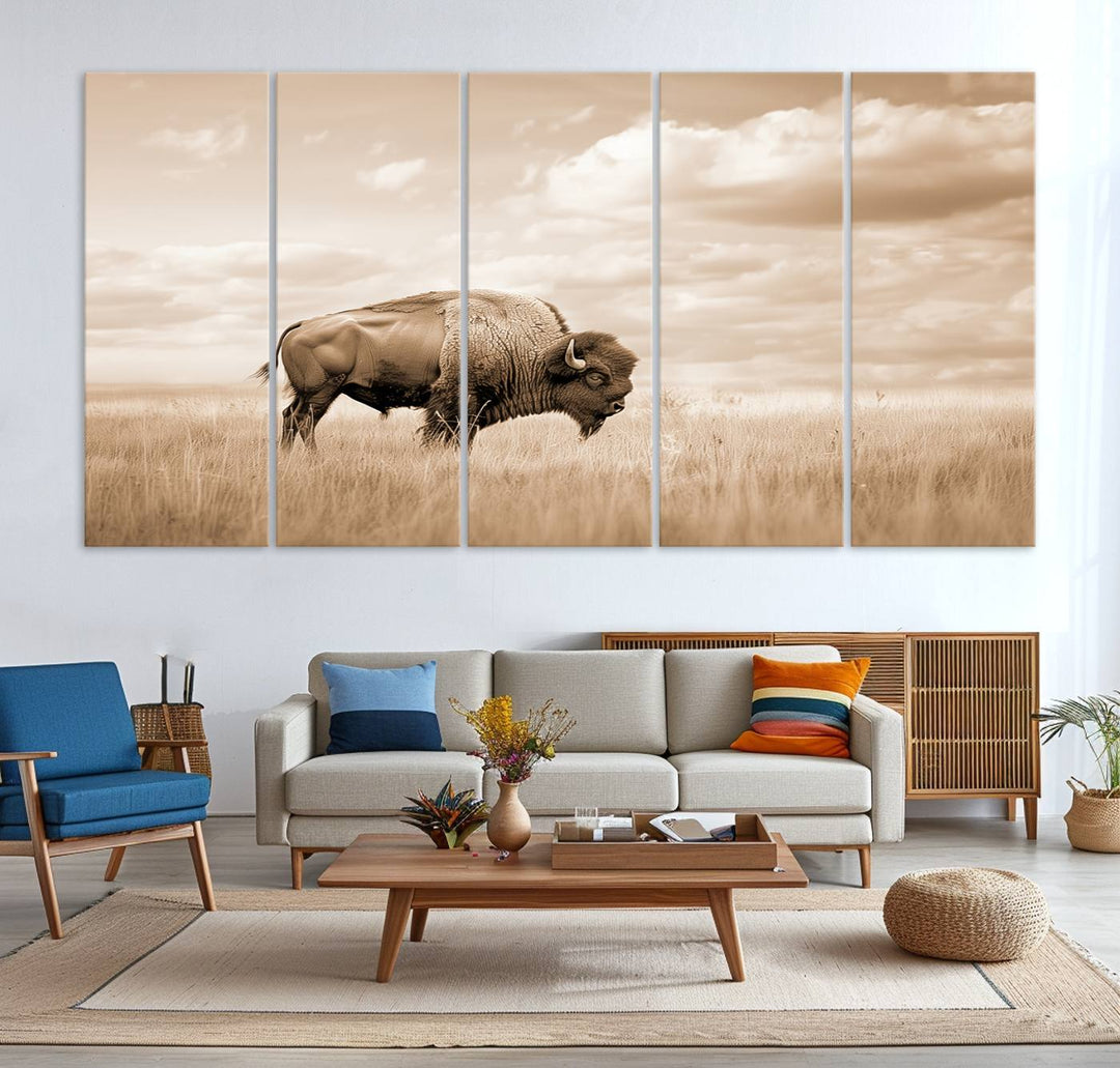 Sepia American Bison Wall Art Print for Farmhouse Wall Decor, Western Canvas Print