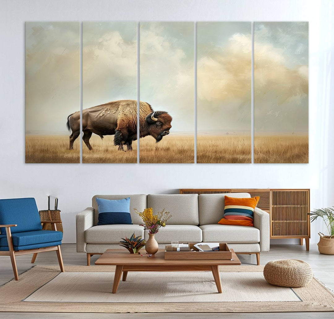 Sepia American Bison Wall Art Print for Farmhouse Wall Decor, Western Canvas Print