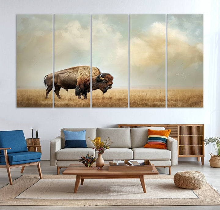 Sepia American Bison Wall Art Print for Farmhouse Wall Decor, Western Canvas Print