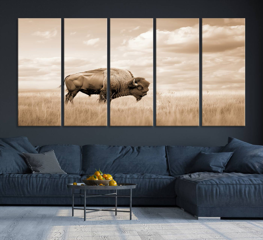 Sepia American Bison Wall Art Print for Farmhouse Wall Decor, Western Canvas Print