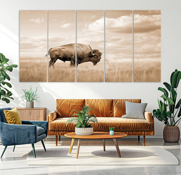 Sepia American Bison Wall Art Print for Farmhouse Wall Decor, Western Canvas Print