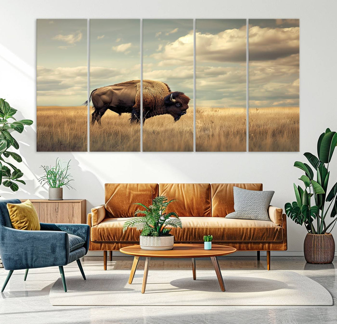 Sepia American Bison Wall Art Print for Farmhouse Wall Decor, Western Canvas Print