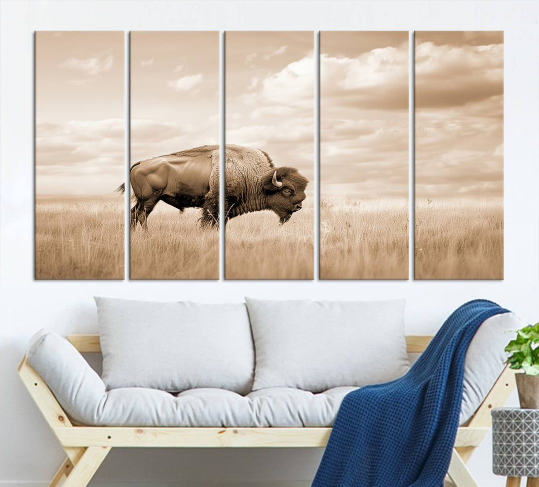 Sepia American Bison Wall Art Print for Farmhouse Wall Decor, Western Canvas Print