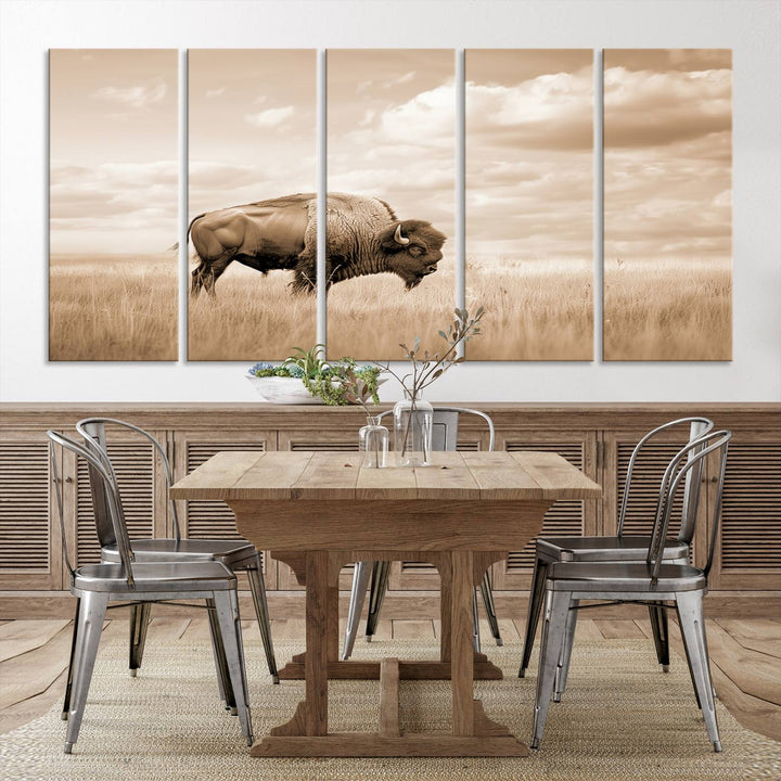 Sepia American Bison Wall Art Print for Farmhouse Wall Decor, Western Canvas Print