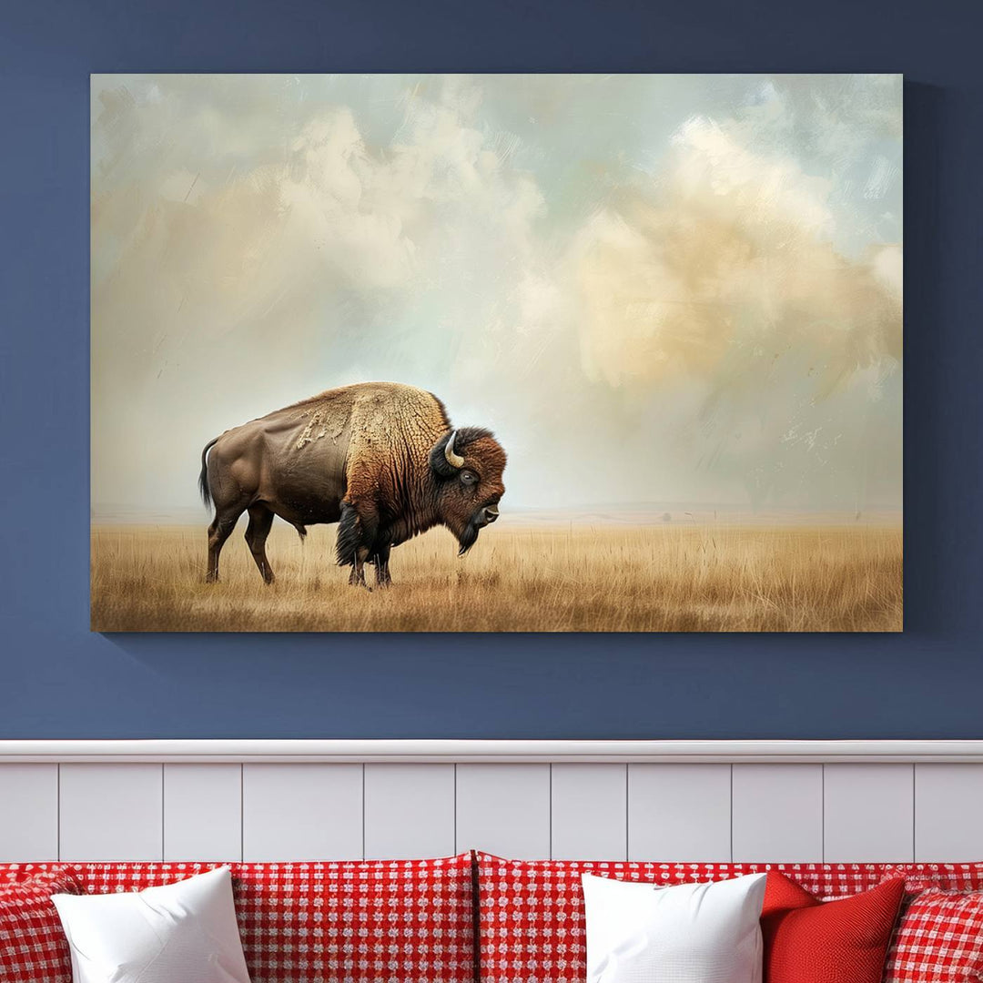 Sepia American Bison Wall Art Print for Farmhouse Wall Decor, Western Canvas Print