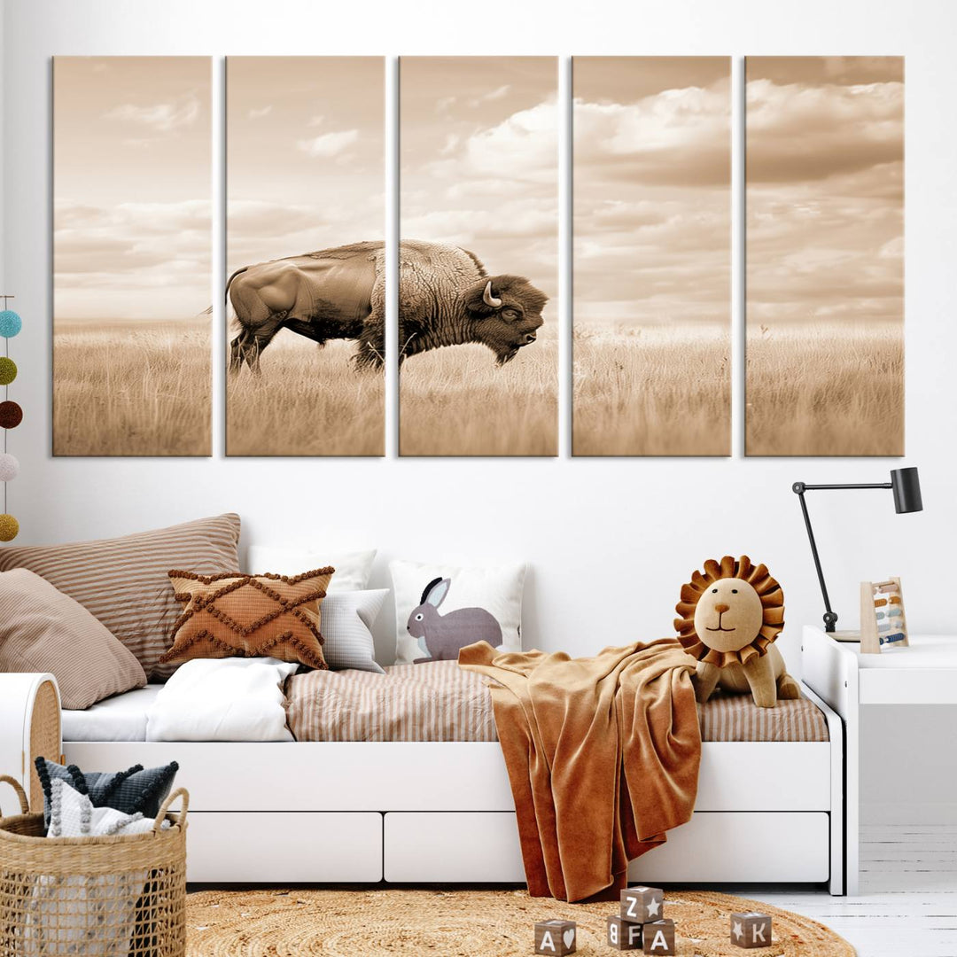 Sepia American Bison Wall Art Print for Farmhouse Wall Decor, Western Canvas Print