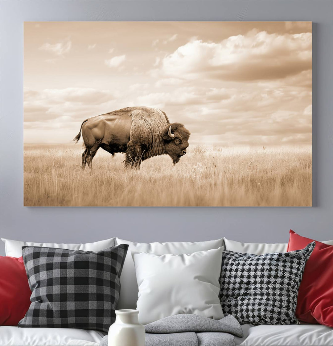 Sepia American Bison Wall Art Print for Farmhouse Wall Decor, Western Canvas Print