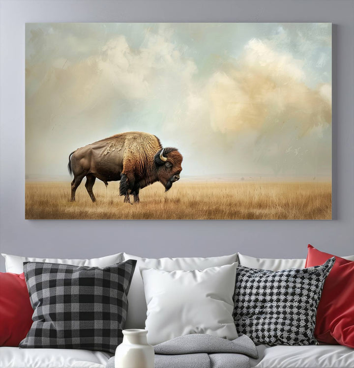 Sepia American Bison Wall Art Print for Farmhouse Wall Decor, Western Canvas Print