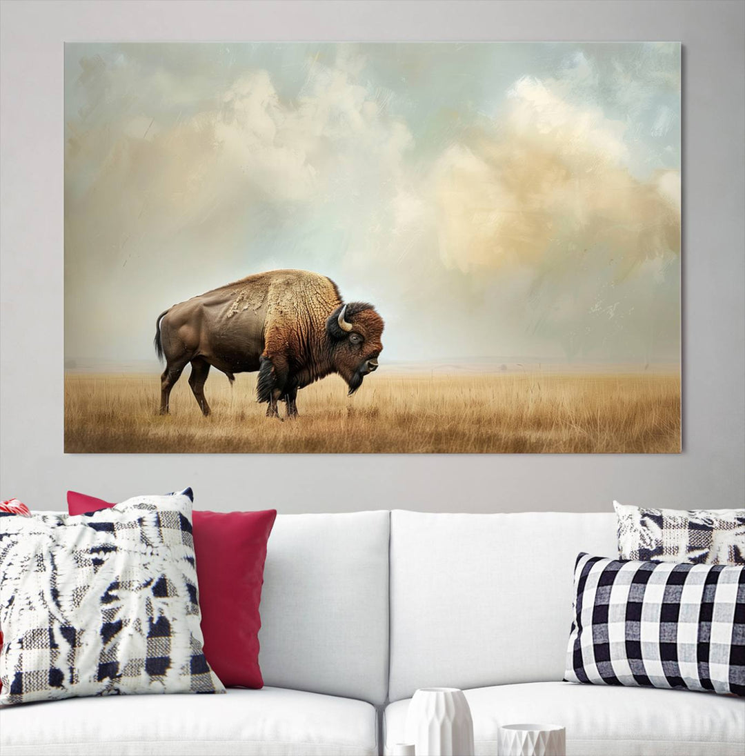 Sepia American Bison Wall Art Print for Farmhouse Wall Decor, Western Canvas Print