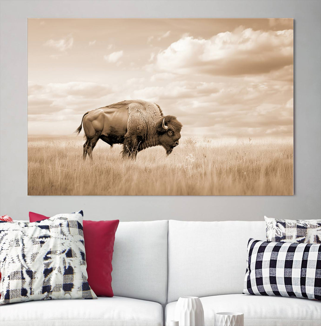 Sepia American Bison Wall Art Print for Farmhouse Wall Decor, Western Canvas Print