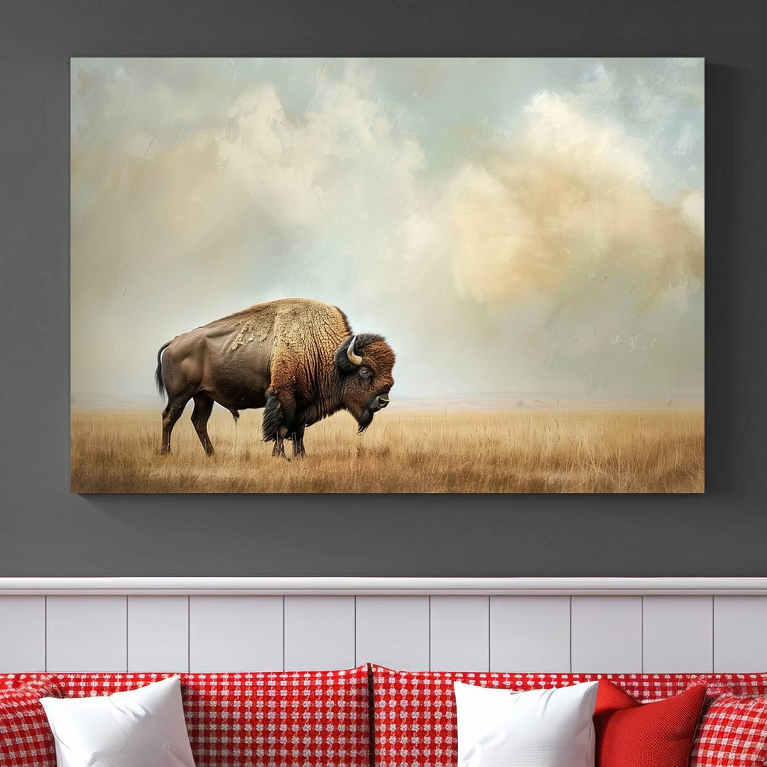 Sepia American Bison Wall Art Print for Farmhouse Wall Decor, Western Canvas Print