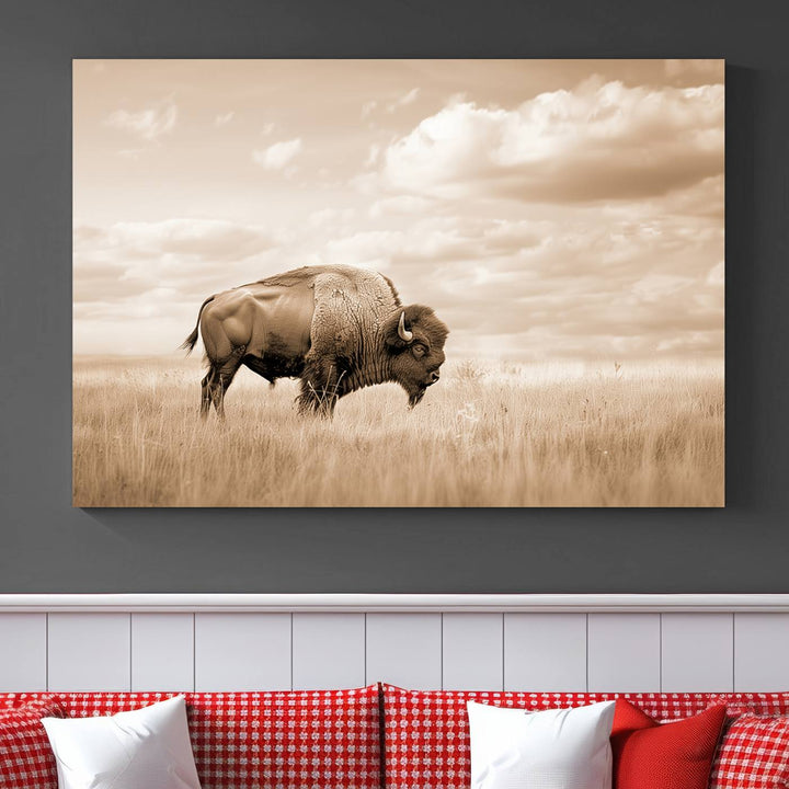 Sepia American Bison Wall Art Print for Farmhouse Wall Decor, Western Canvas Print