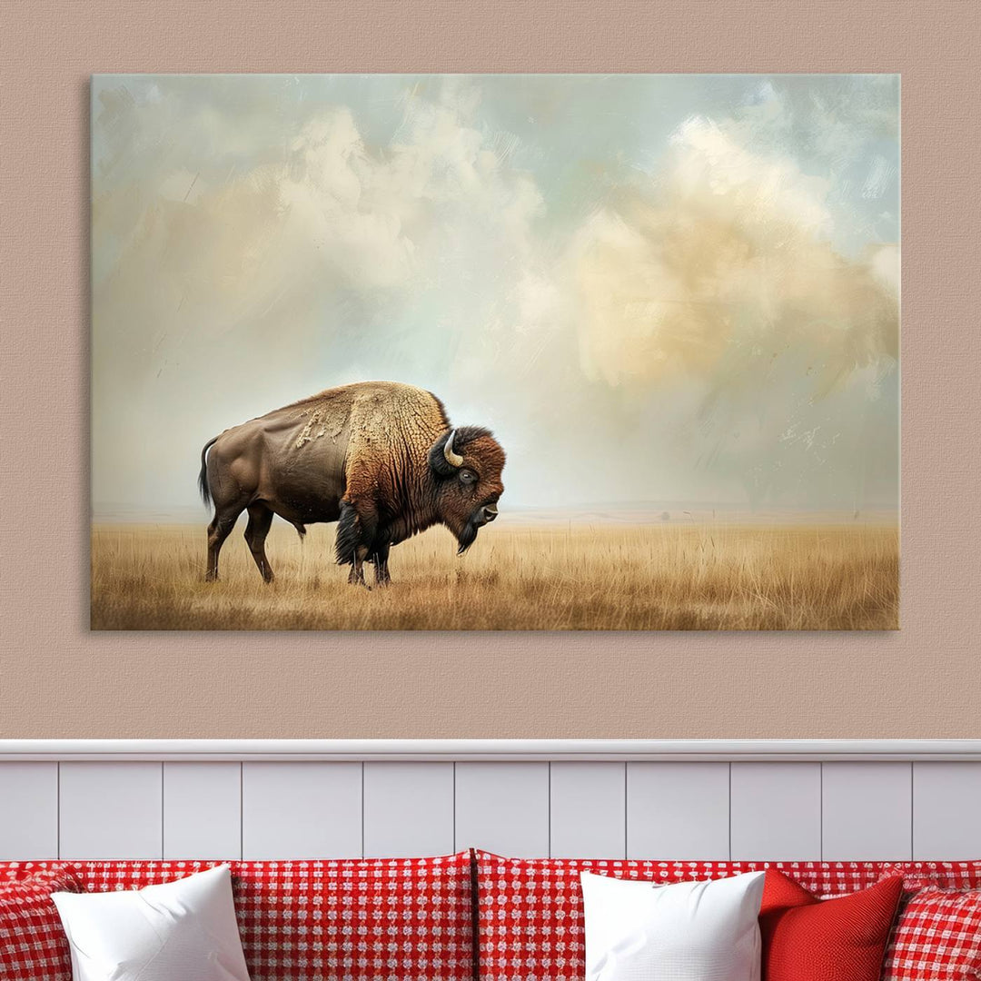 Sepia American Bison Wall Art Print for Farmhouse Wall Decor, Western Canvas Print