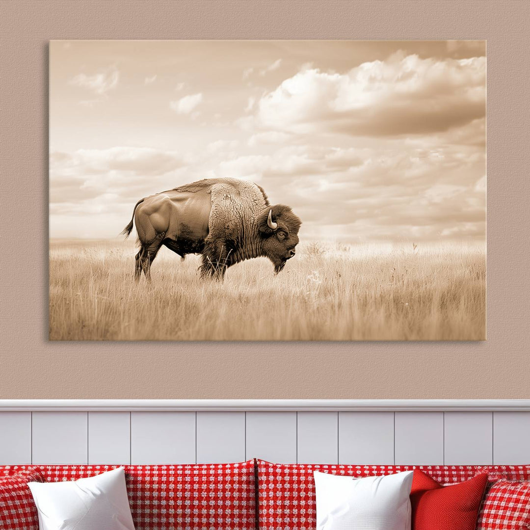 Sepia American Bison Wall Art Print for Farmhouse Wall Decor, Western Canvas Print